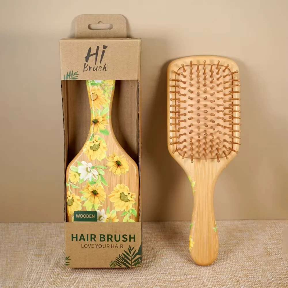 Sunflower Bamboo Air Cushion Hair Brush - Natural Wooden Massage Comb for Hair Care Anti-Static Detangling Styling Gift