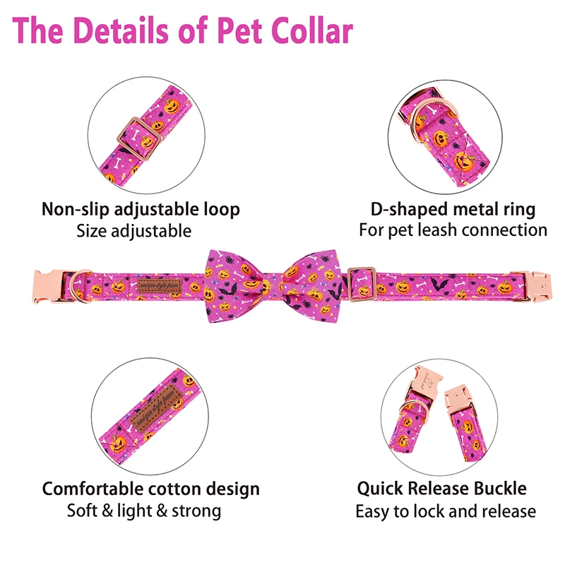 Personalized Halloween Dog Collar with Bowtie Pumpkim Dog Collar Adjustable Puppy Dog Collar for Large Medium Small Dog
