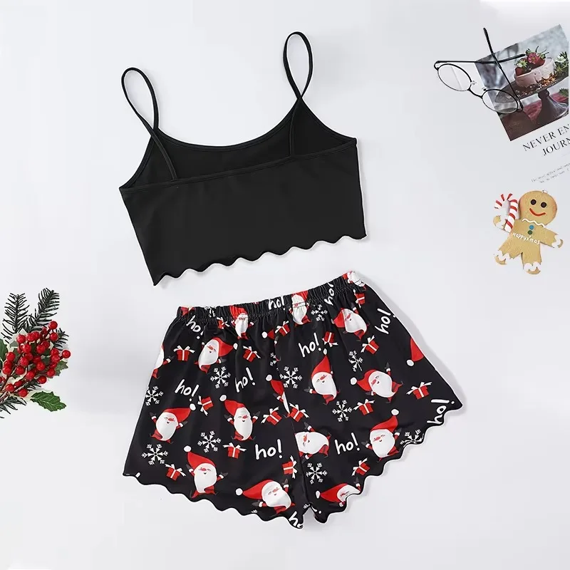 New Women\'s Christmas Pajama Set Thin Suspender Top with Santa Claus Printed Shorts Casual Homewear Suspender Shorts