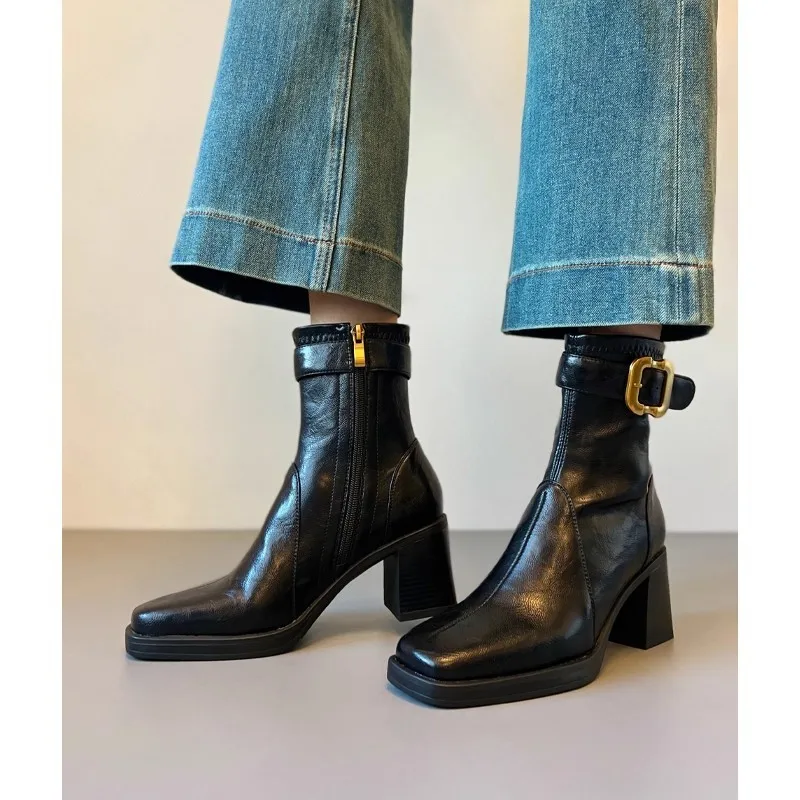 حذاء نسائي ذو نعل سميك وكعب سميك ومقدمة مربعة وسحاب جانبي مقاوم للماء، متعدد الاستخدامات ومضاد للانزلاق وجيد التهوية للكاحل #4