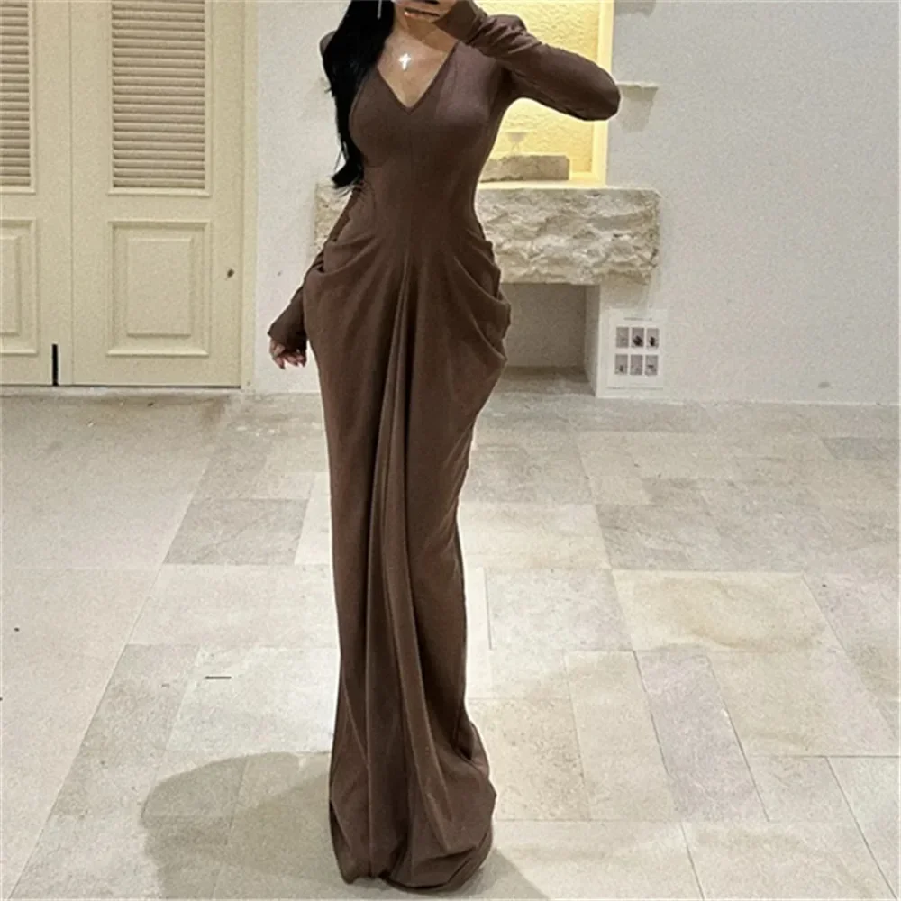 Deep V Neck Party Dress for Women Long Sleeve Slim High Waist Floor-length Casual Solid Ladies Thick Robes 2024 Winter