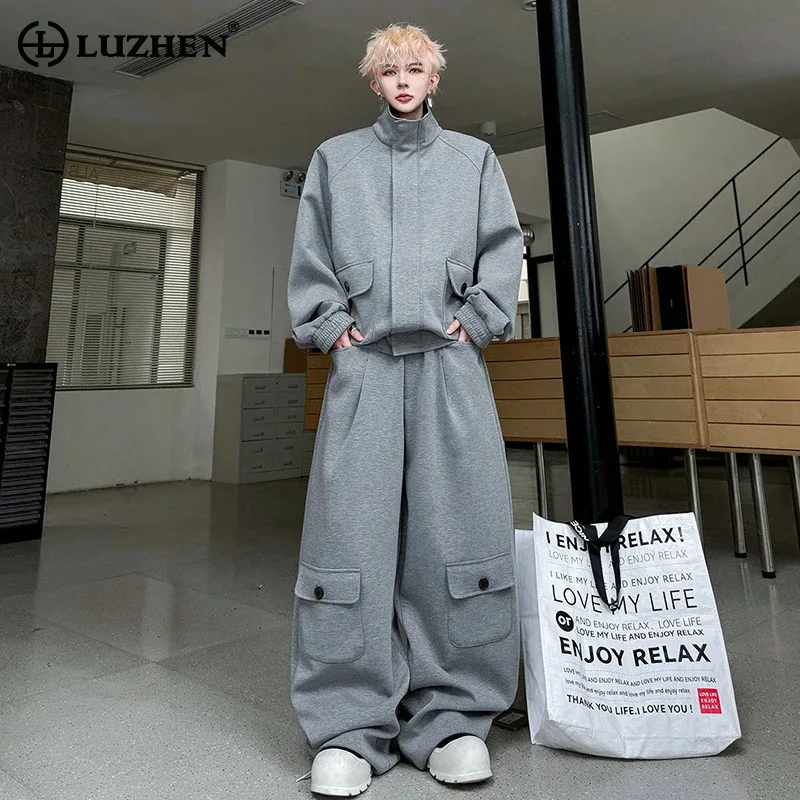 

Мужской модный комплект LUZHEN 2026: кардиган из искусственной кожи однотонного цвета и свободные брюки с широкими штанинами, повседневный стиль, JY6089