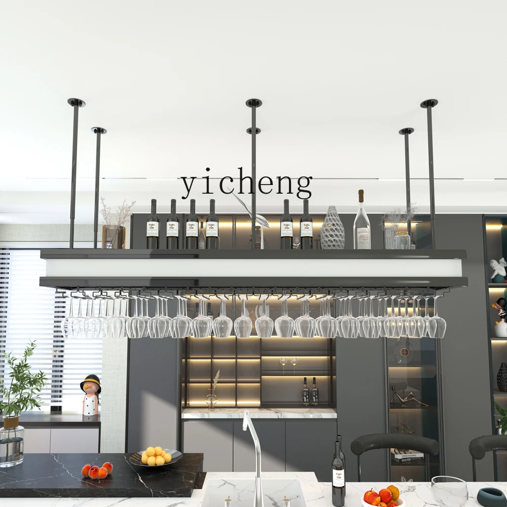 YFY  high-end bar wine glass rack hanging creative luminous wine rack bar counter upside down restaurant stainless steel