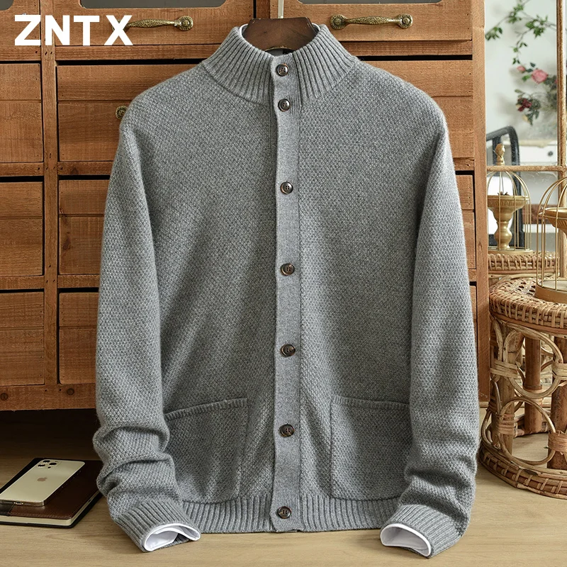 

New cashmere cardigan men's pure cashmere winter thickened half high neck button loose pocket warm coat middle-aged dad suit