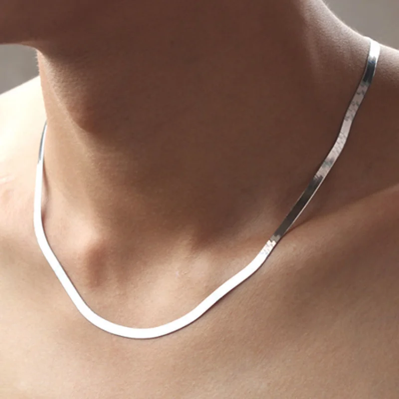 

925 Silver Classic Fashion Necklace For Men And Women, Short Collarbone, Flat Snake Bone Blade Chain, Pure Silver Jewelry
