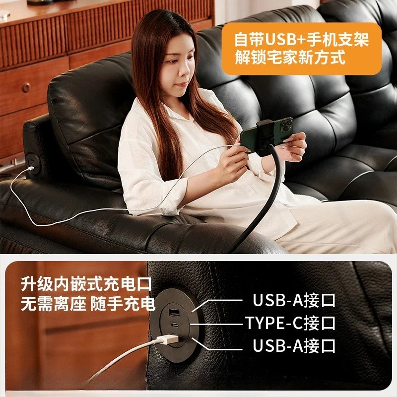 Italian minimalist, multi-functional living room first layer cowhide cloud leather sofa, black retro leather sofa