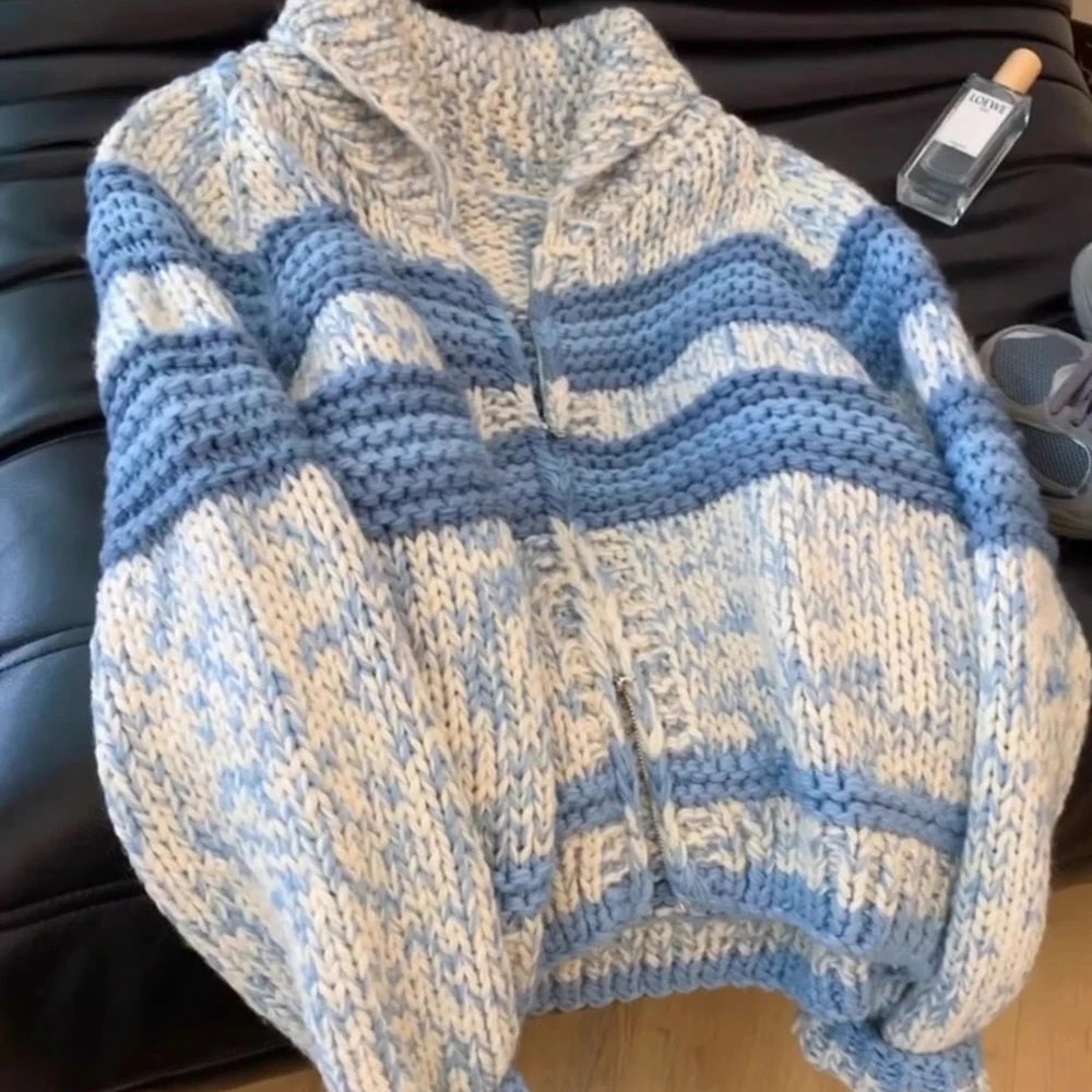 Cardigans de malha listrado azul vintage para mulheres coreano contraste turn down collar camisola casacos retro solto all-match outerwears