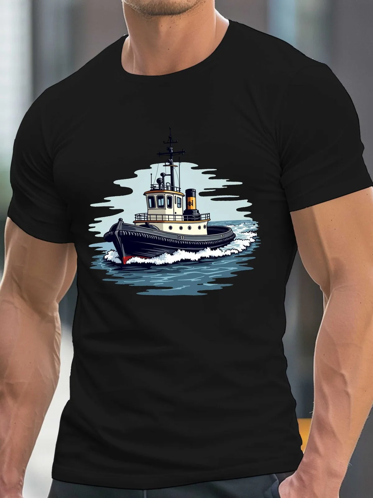 Men'S Casual Short-Sleeve T-Shirt Featuring a Tugboat Illustration on Blue Waves, Perfect for Summer, Plus Size
