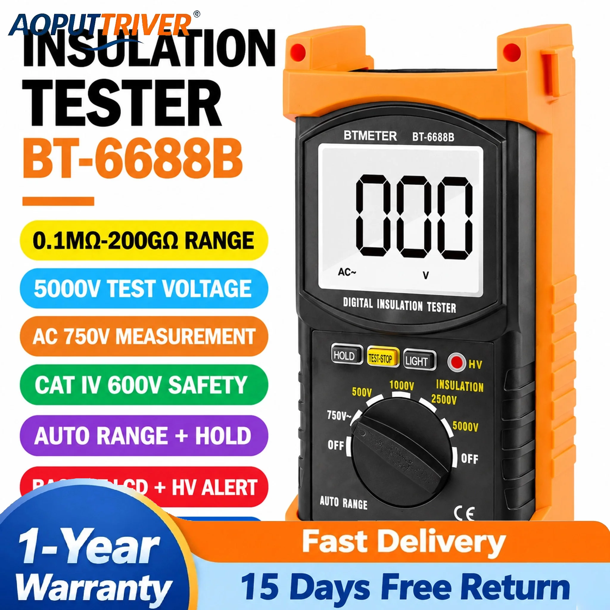 BT-6688B Digital Insulation Resistance Tester 5000V Megohmmeter for Motor Cable Transformer Maintenance HVAC Tool with Test Lead