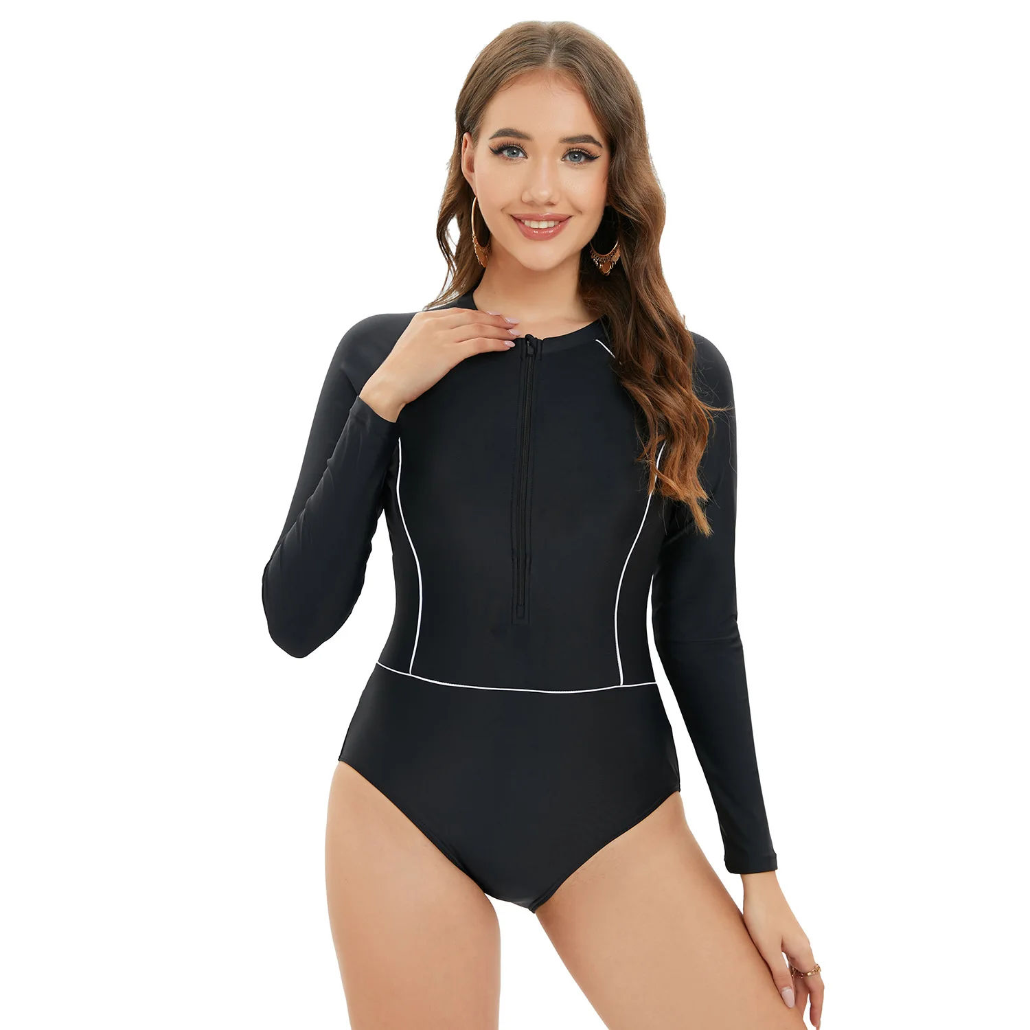 Spot 2025 New Long-sleeved Surf Suit Zipper One-piece Swimsuit Fashion Clip Design Conservative Wetsuit