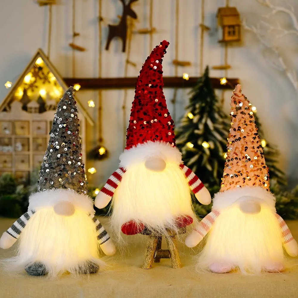 

Christmas Decoration 2023 Sequins with Lights Rudolph Doll Christmas Gnome with LED Lights Handmade Sequins Sweden Tomte Santa E