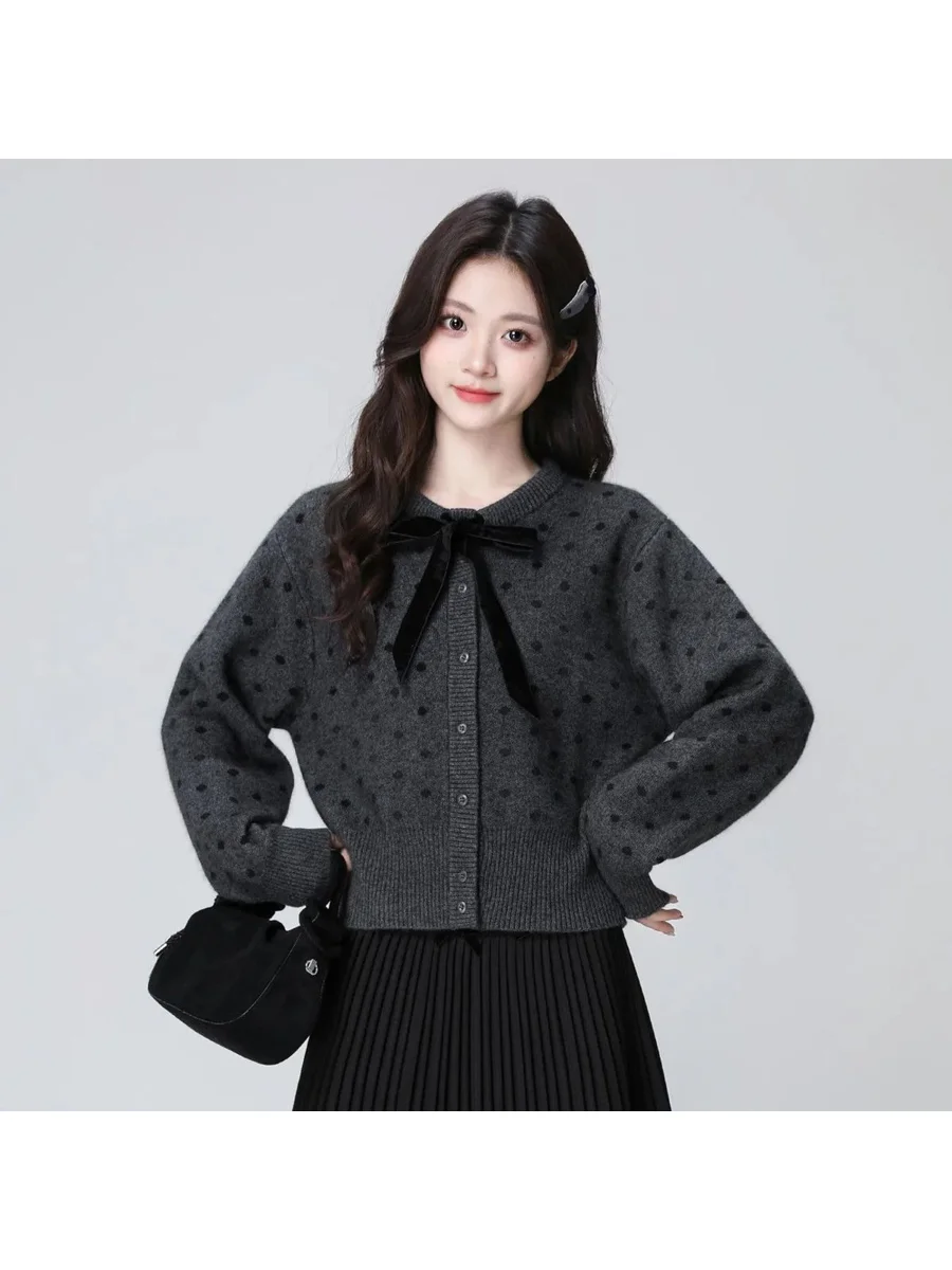 Gray Polka Dot Knitted Cardigan Soft Cozy Women's Spring Autumn Top Japanese Style Polyester Fiber Fashion Ladies Sweater Jacket