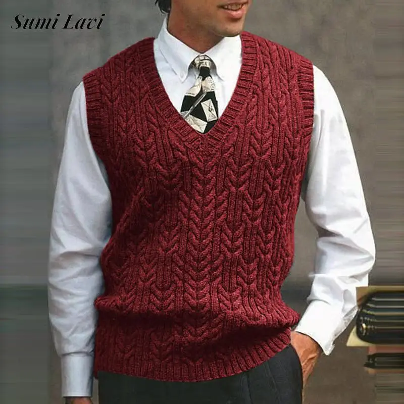 

Office Male Casual Knitwear Sleeveless V Neck Solid Color Twist Jacquard Knitted Tank Tops Spring Fashion Knitting Sweater Vest