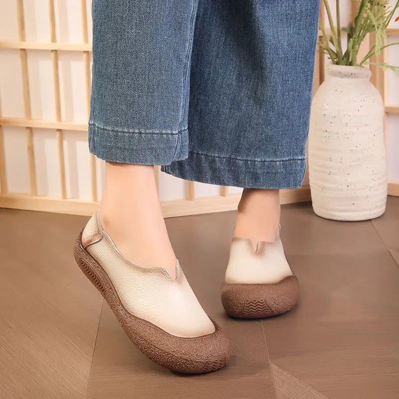 

New V cut cowhide leather ballet flats women's luxury wide width shoes woman vintage flat moccasins thick durable brand flats