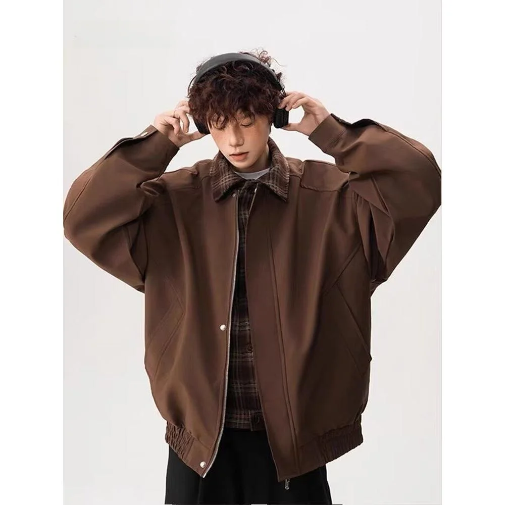 

Lc Vintage American Pure Color Lapel Jaet ex Casual Brown Outerwear Youth Trend Stand Fit Long Sve Coat
