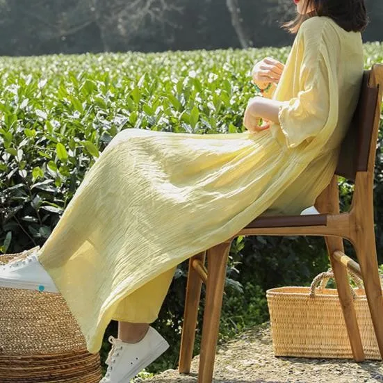 High-end clássico artístico algodão linho feminino primavera verão dupla camada gaze textura torcida Dr cintura solta saia evasê...