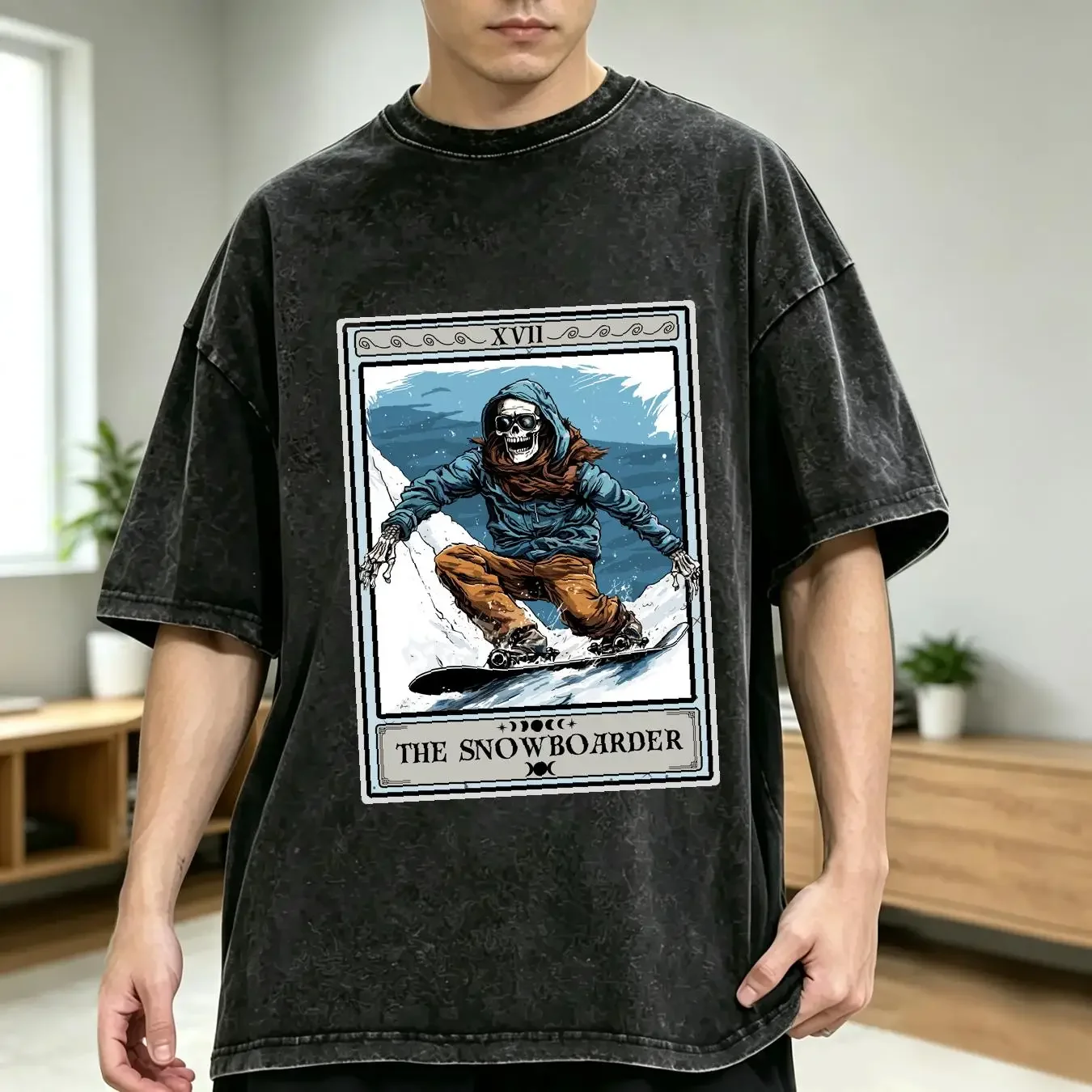 washed T Shirt The Snowboarder Tarot Card Snowboarding vintage Washed Slightly Versatile homme Comfortable designer clothes