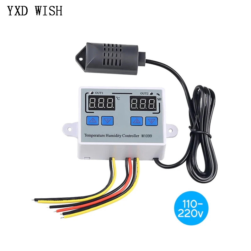 W1099 Dual Display Digital Temperature Humidity Controller DC 12V 24V AC 110-220V Egg Incubator Humidity Controller XK-W1099