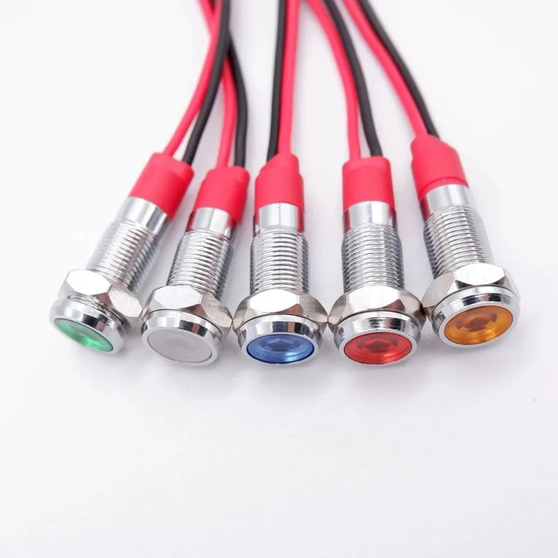 6mm Metal Indicator Light LED Warning Signal Lamp Pilot Wires Switch 3V 5V 12V 24V 220V Red Orange Blue Green White with Wire