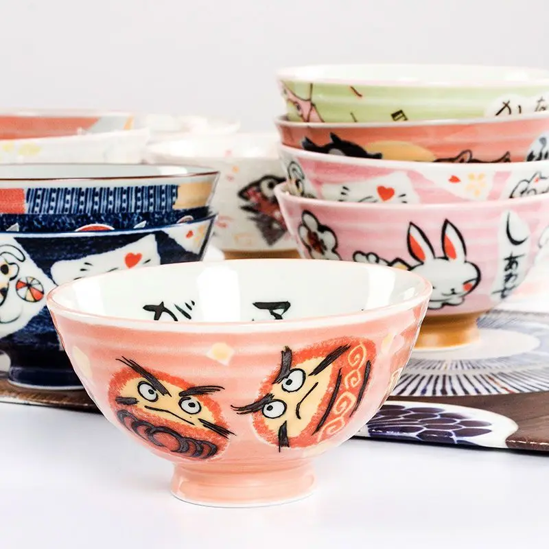 Japońska miska na ryż Lucky Cat, ceramiczne miski dla zwierząt, miska na zupę z królikiem z kreskówek, japońska miska na sałatkę 4,5/5/5,5 cala