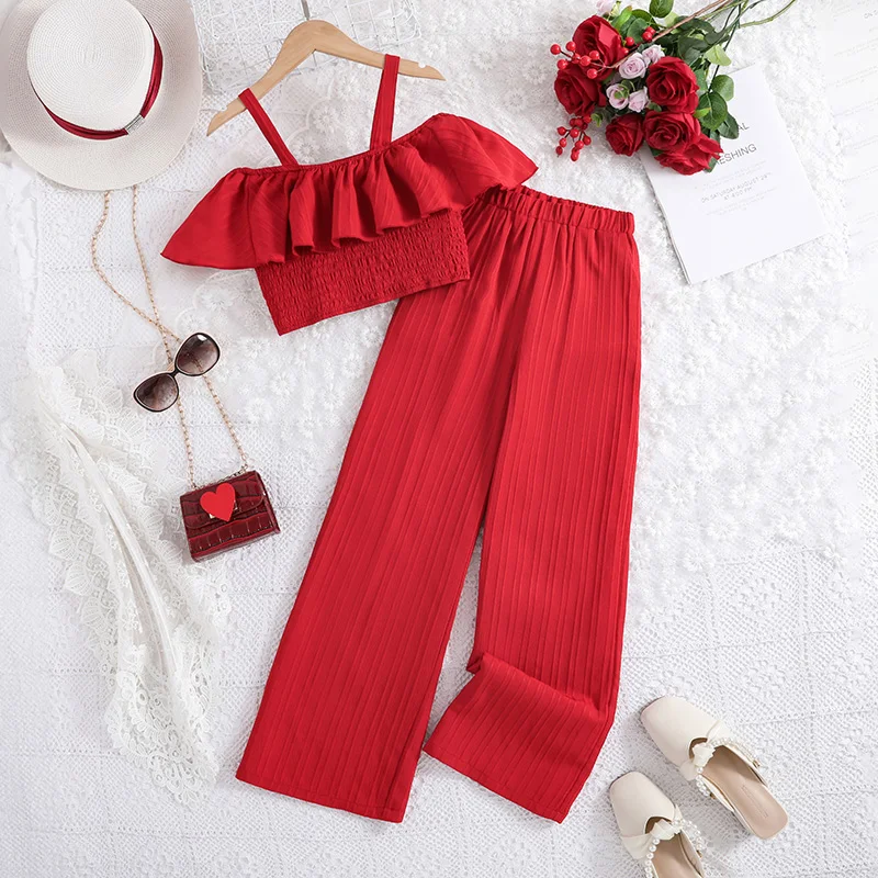 Summer Fashion For 8-12Ys Kids Outfit Solid Red Halter Top + Pants Casual Vocation Cute Children's Top And Bottom Clothes Set