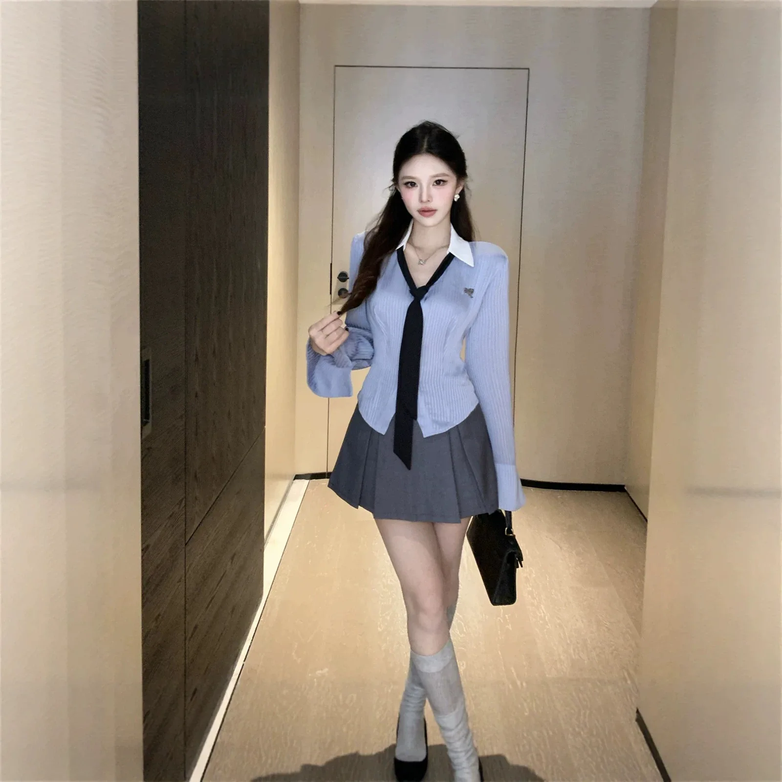 Spring Autumn Korean Style College Wind Set Pure Desire Waist Cinching Long Sleeve Striped Shirt Half Body Short Skirt Set