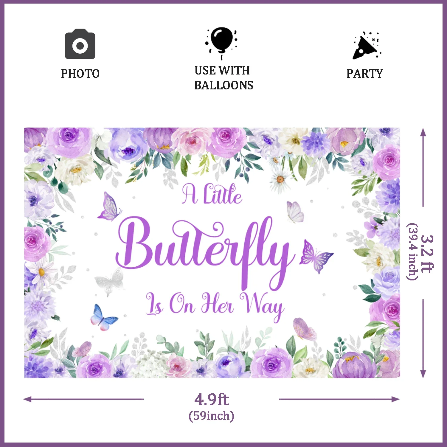 Purple Butterfly Flowers Baby Shower Backdrop Decor A Little Butterfly Is on Her Way Backdrop for Girls Birthday Party Supplies