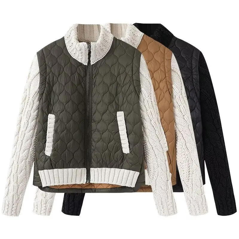 Jaqueta de Nylon Fena da Moda Inverno 2024, Casaco de Suéter, Aodão Matelassado, Patchwork Versátil