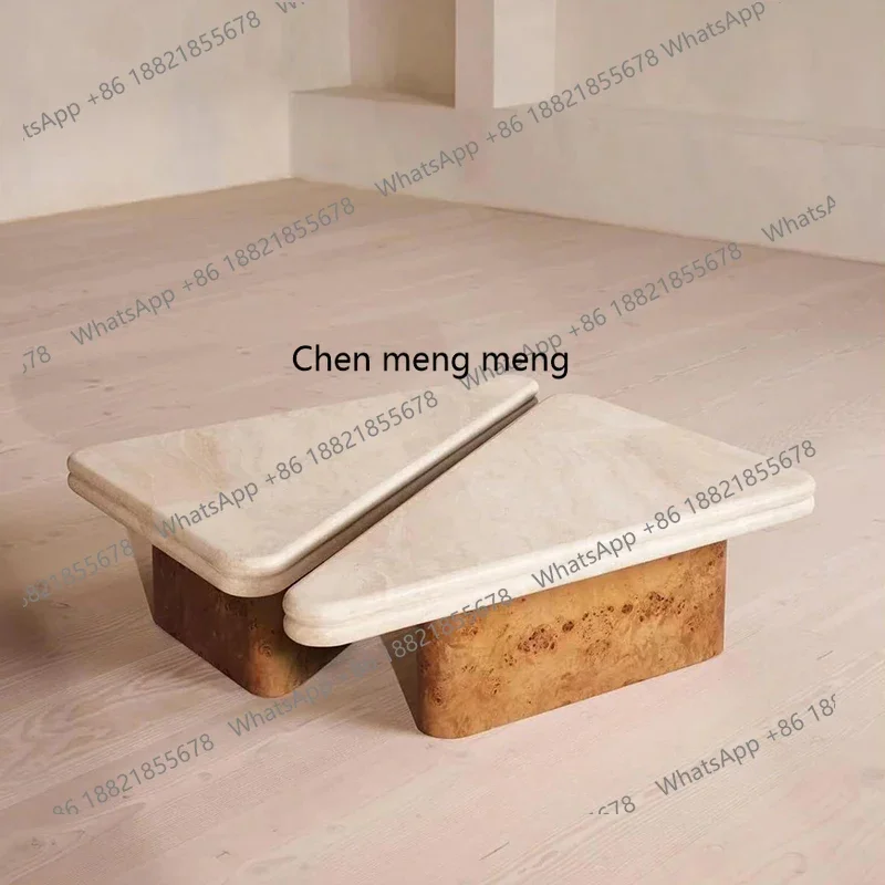 

X Solid wood, natural travertine coffee table Living room Home combination tea table Homestay reception Marble table