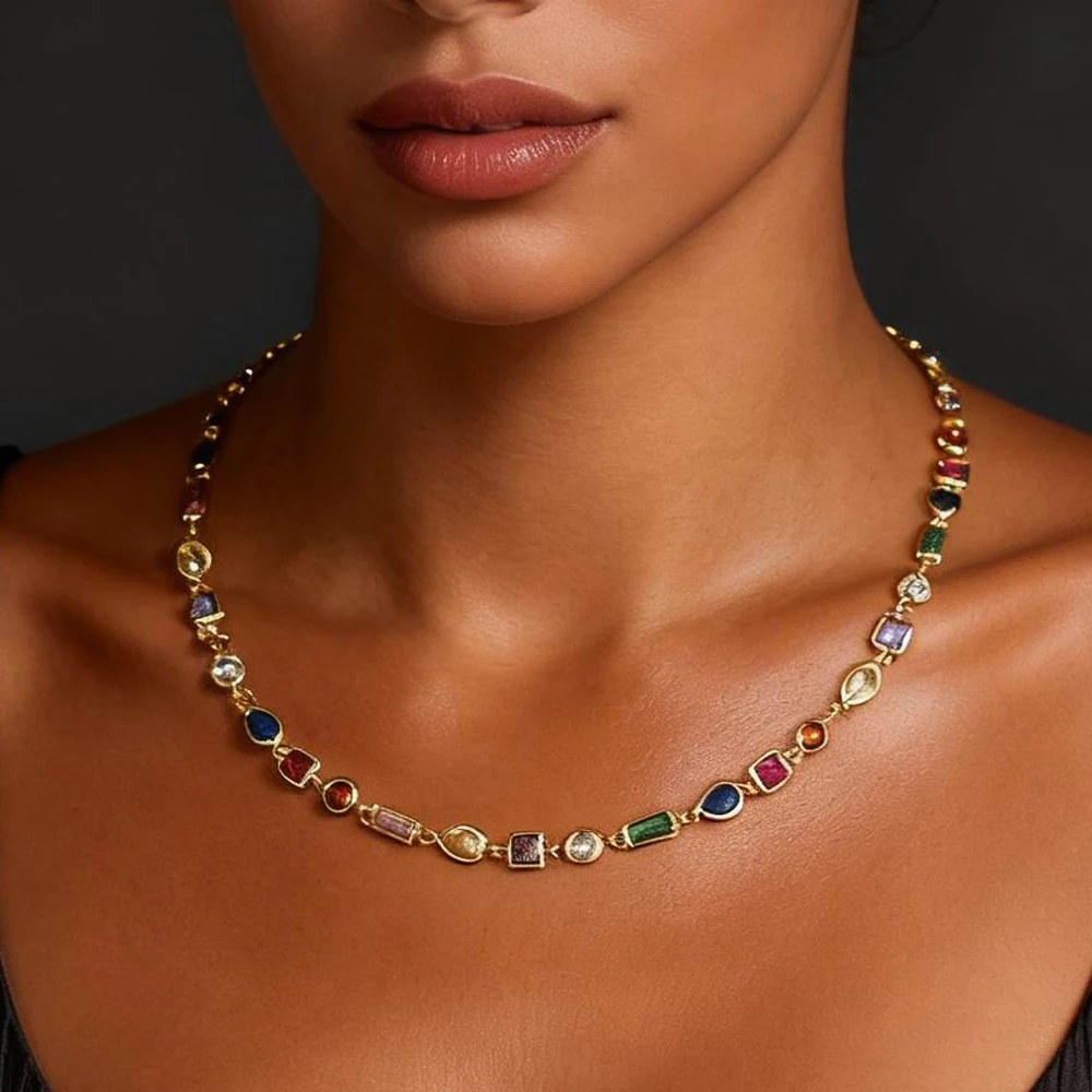 Fashion new inlaid color geometry zircon stitching necklace gold-plated retro adjustable temperament ladies necklace jewelry.