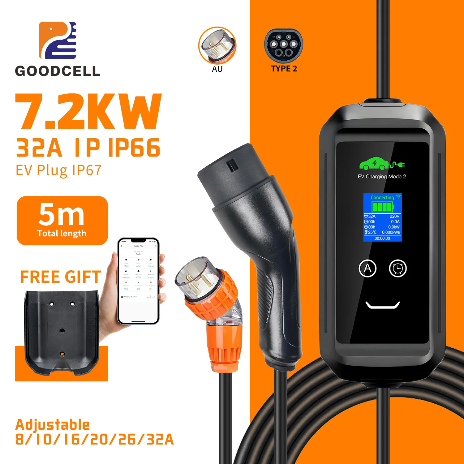 

GOODCELL AUNZ 7.2KW 32A Portable Tuya APP EV Charger Type2 IEC62196-2 EVSE Charging Box EV Cars Charger CEE Plug 5M Cable