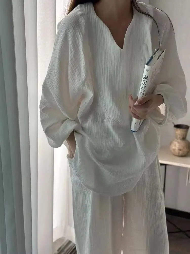 

Fashionable Korean Solid Color Casual Home Pajamas Set for Women Female New Basic Long Sleeve Pullovers Simple Pants Women