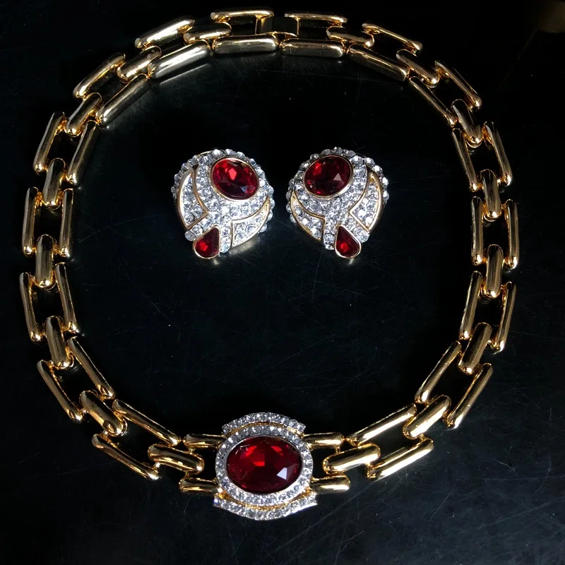 High-End Luxury Necklace and Earrings Suite Copper Material Red Colored Glaze Inlaid Jewel Diamond Complex Antique Temperament W