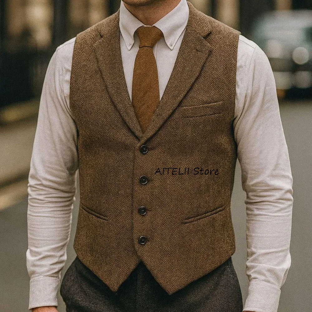 

Men's Vest Vintage Herringbone Fabric Notch Lapel Single-pocket Design Elegant Man Vest Single-breasted Slim Fit Business Casual