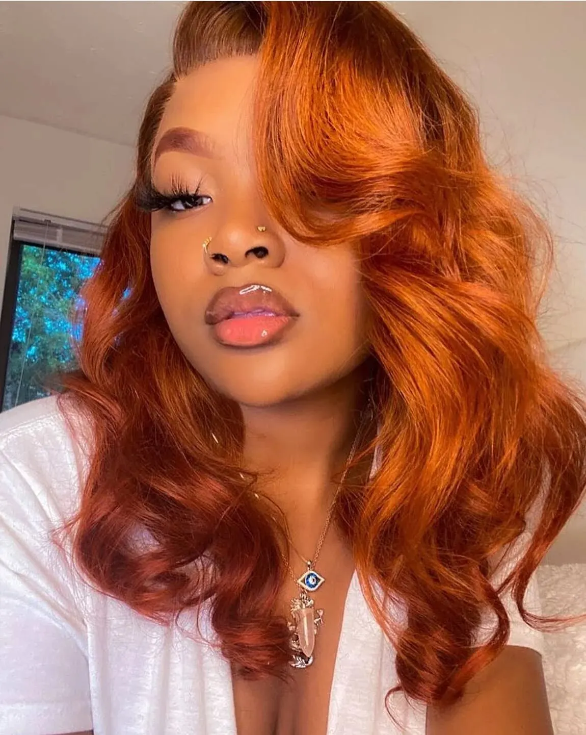 Ginger Orange 13*4 Lace Front Wigs Dark Orange Body Wave Synthetic Lace Front Wig for Women Pre Plucked Hairline Wig 14 Inch