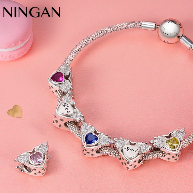 

NINGAN Colourful Zircon Charm January - December Sterling Silver 925 Beads Birthstone Charms with Wing Birthday Gift