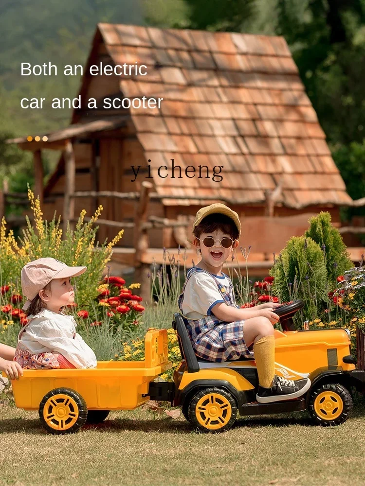 Coche de juguete con tractor eléctrico para niños XL con cubo puede sentarse en cuatro ruedas recargable con coche de Control remoto
