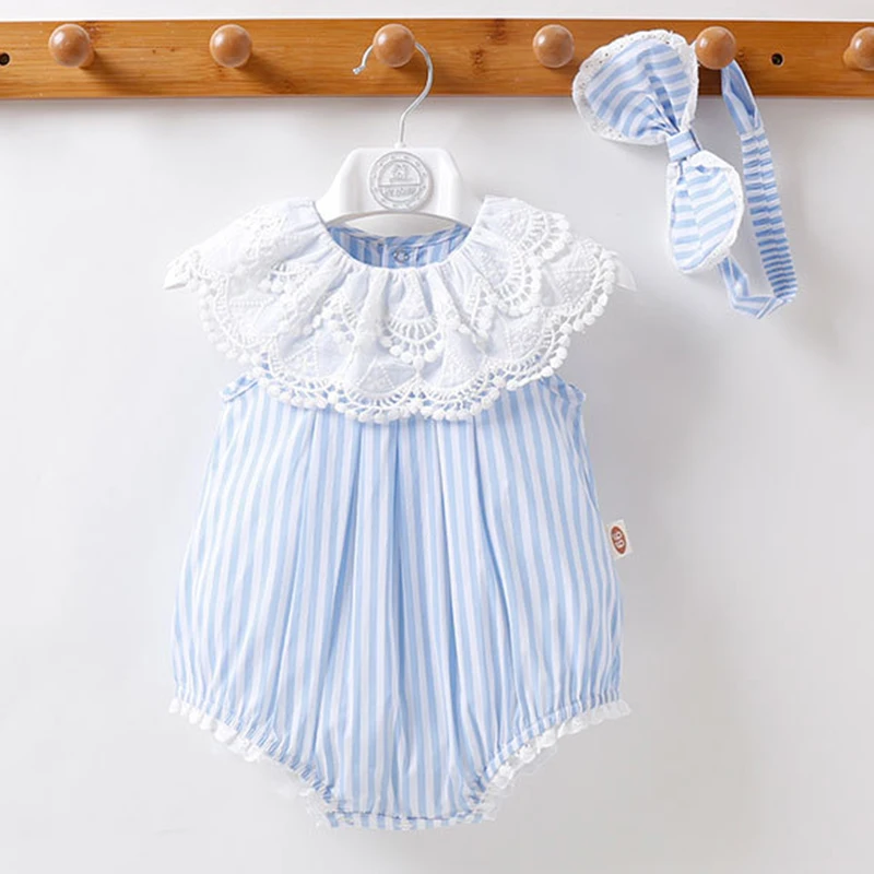 Toddler Baby Girls Rompers Lace Bodysuit Blue Stripes Girls Jumpsuits Headband Girls Sleeveless Rompers Toddler Summer Clothing