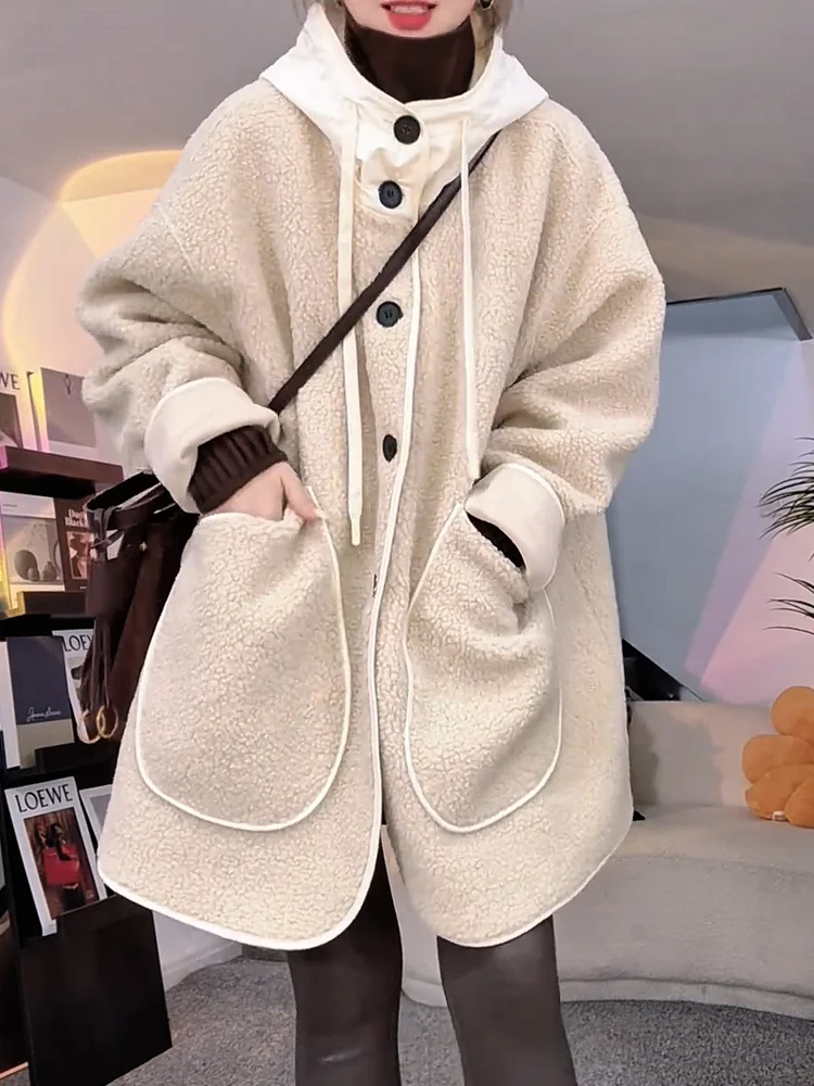 

Корейская модная цветная шуба с капюшоном и мехом, осень 2025, новая, больших размеров, универсальная, стройнящая фигуру, теплая, с подогревом, длинная...