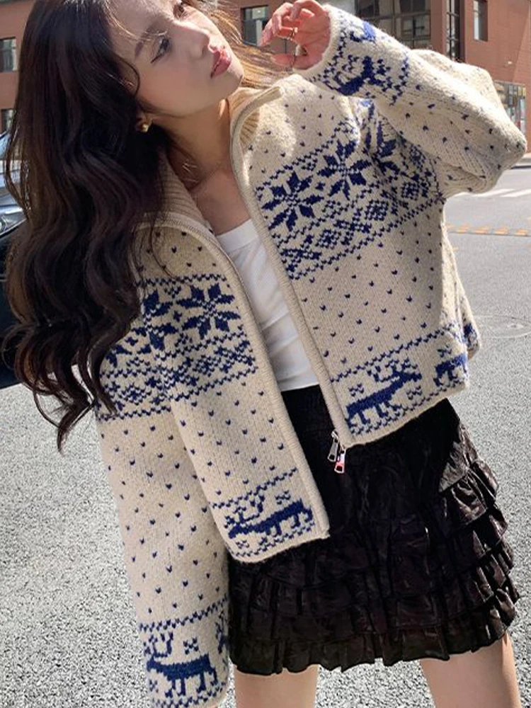 Śnieżynka sweter z dzianiny kobiety japoński Vintage Harajuku krótki kardigan kobiety jesień zima na co dzień dzianina z zamkiem błyskawicznym i