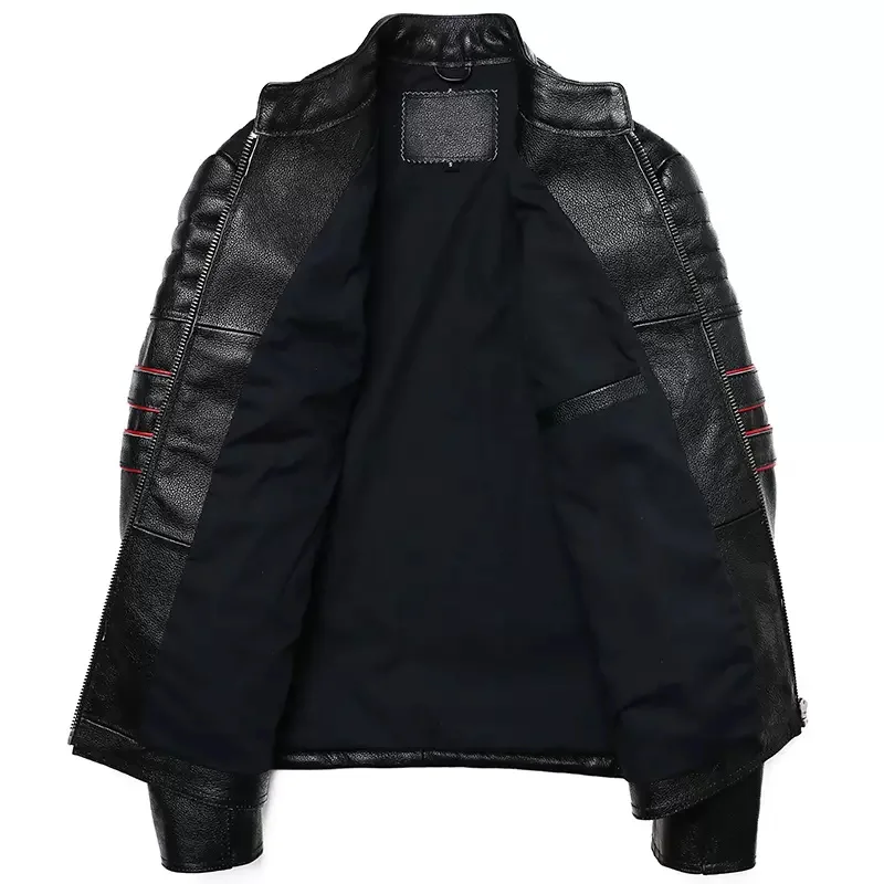 Black Autumn Leather Jacket Men Sports Style Plus Size 6XL Genuine Natural Cowhide Stand Collar Skulls Embroidery Leather Coat