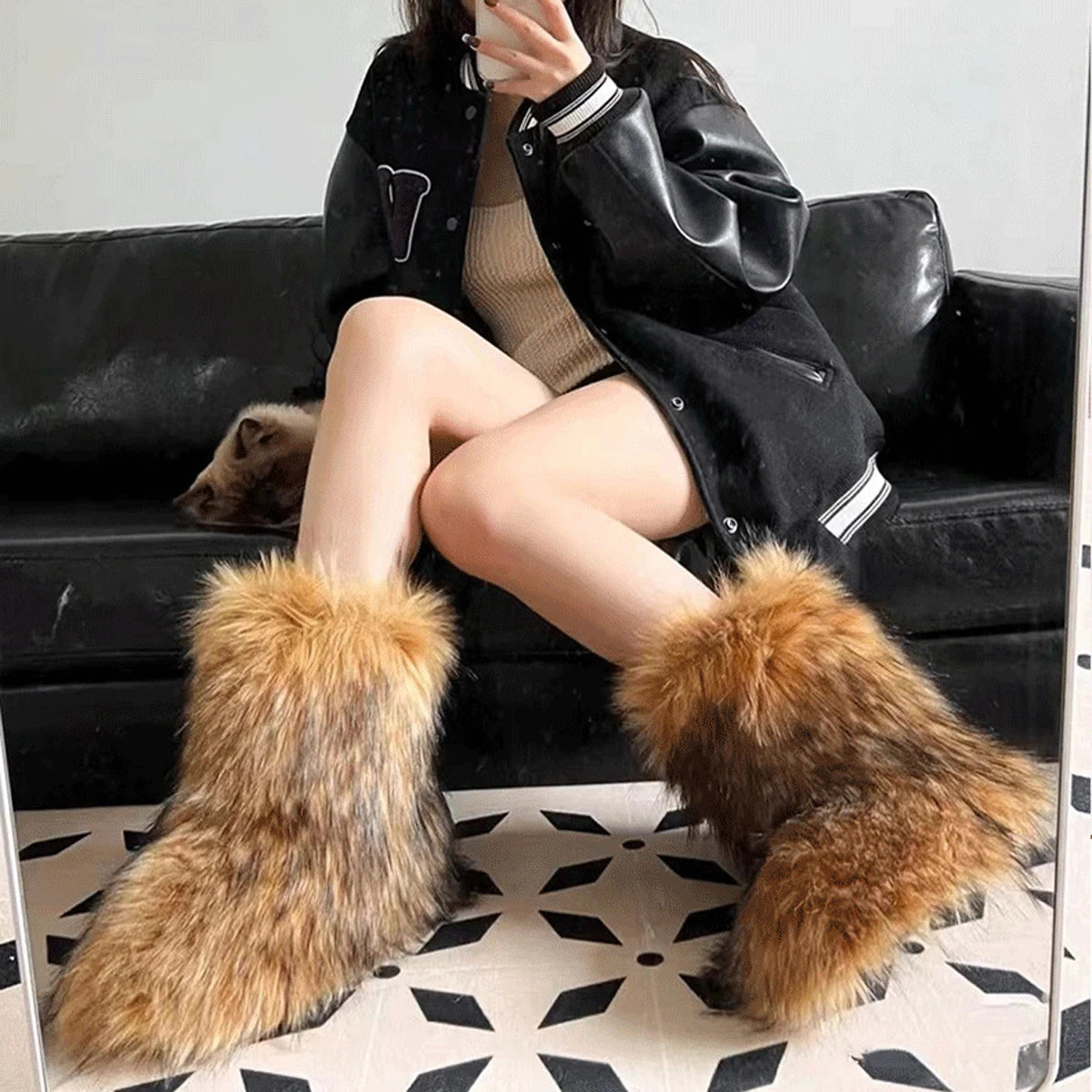 

Flat Mid-calf Boots For Spice Girls Faux Fur Long Plush Shoes Y2K Street Style Winter Warm Fashion Party Dress Slip-on Casual