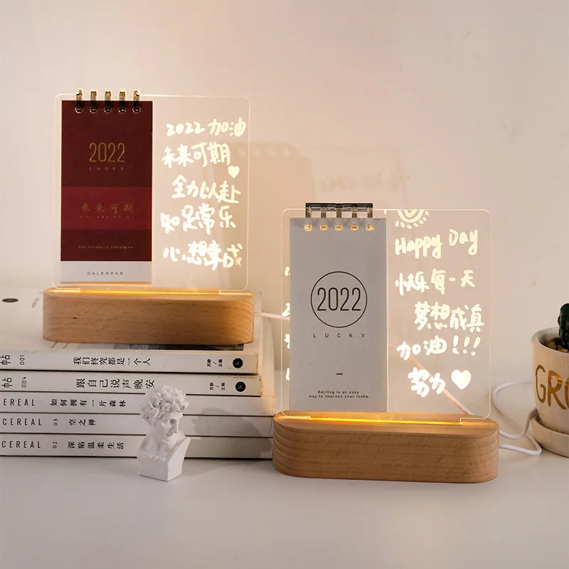 USB Calendar Table Lamp with Drawing Pen Wood Acrylic Table Lamp Led Night Light Holder Bedside Decorative Light Message Board