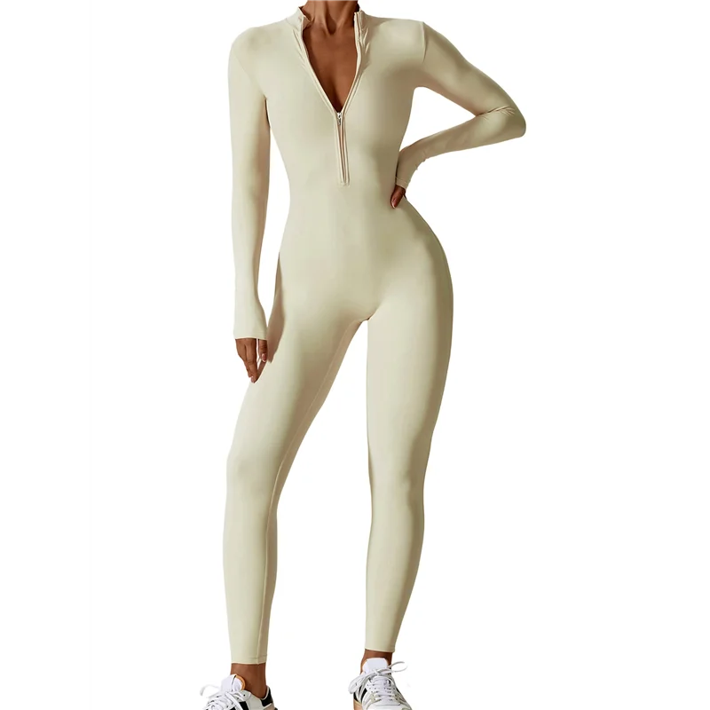 

A09P женский комбинезон для тренировок с длинными рукавами, комбинезон на молнии, нижние брюки, боди, облегающий овсяный абрикос S