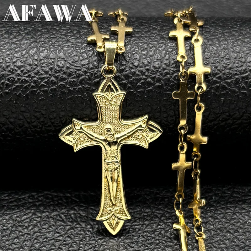 

Hip Hop Catholic Jesus Cross Pendant Necklace for Women Men Stainless Steel Gold Color Punk Male Chain Jewelry