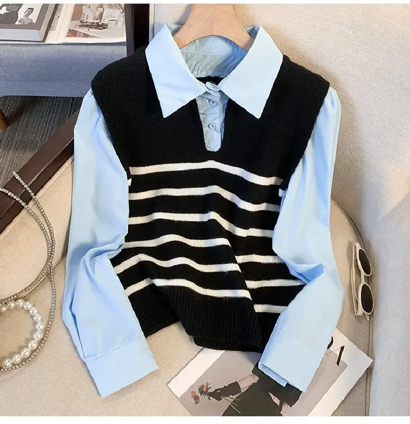 Kemeja Sweater Lengan Panjang Motif Patchwork Bergaris Gaya Korea Atasan Rajut Dua Potong Wanita Musim Gugur Musim Dingin Kasual Kerah Lipat