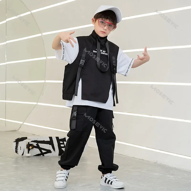 Black Kid Hip Hop Clothing T Shirt Top Tactical Cargo Pants Sleeveless Jacket Vest Girls Boys Jazz Dance Costume Clothes Wear