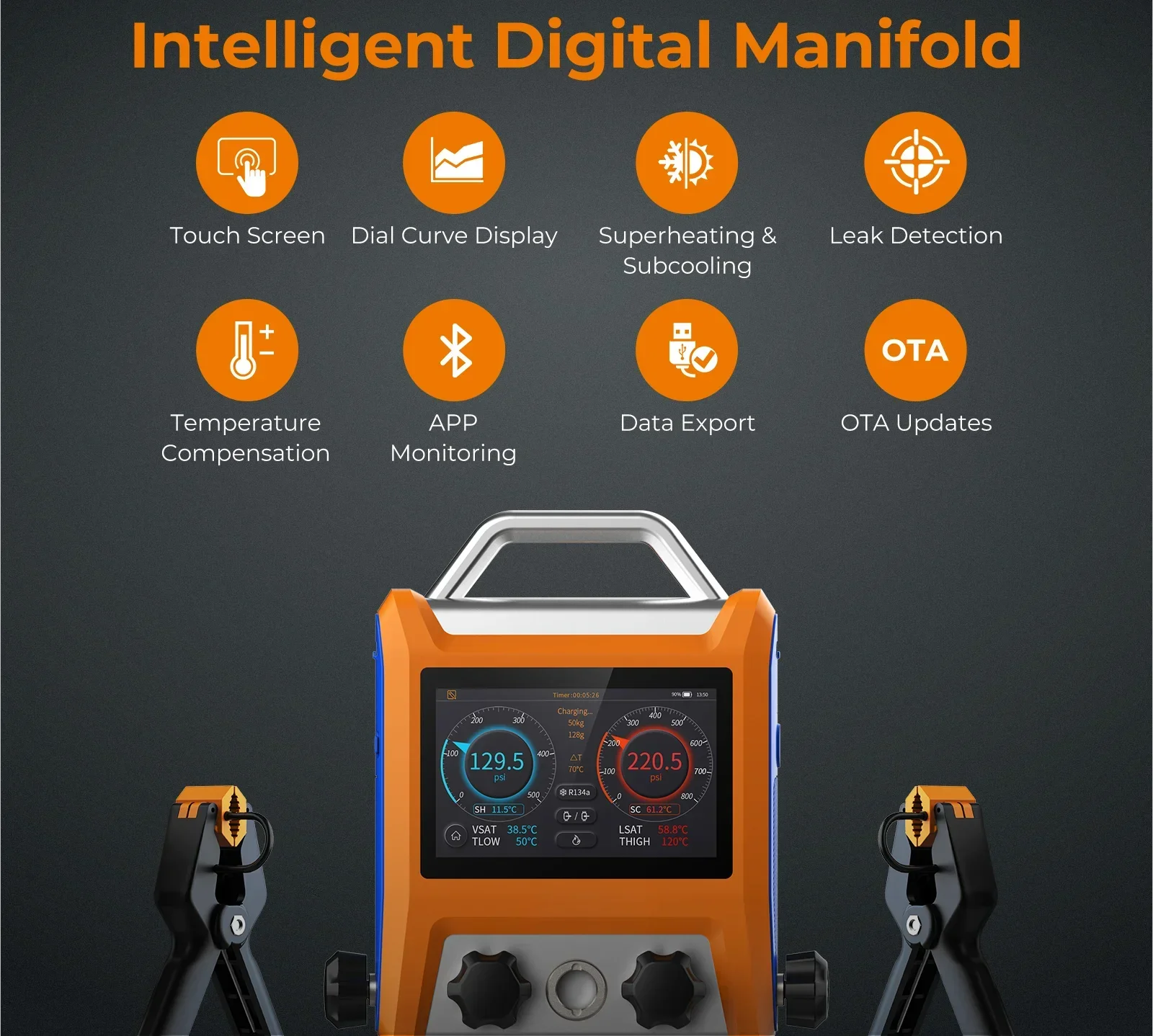 Intelligent 4 Valves Digital Manifold Kit with 5” Smart Touch Screen Gauge with Bluetooth