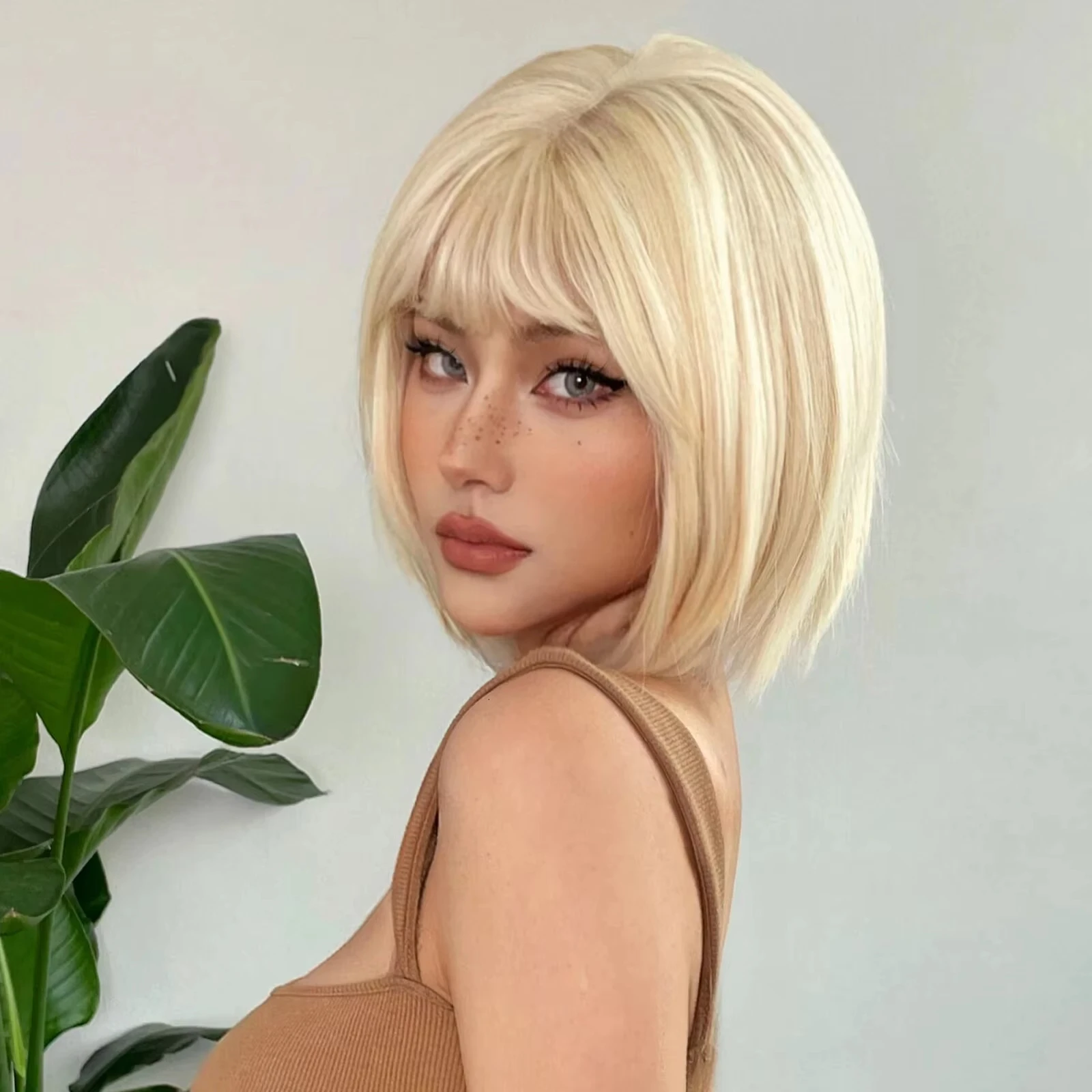 Short Straight Bob Light blonde synthetic wig Ladies straight bangs Hot silk wig Christmas party Cosplay daily wear wig image 4