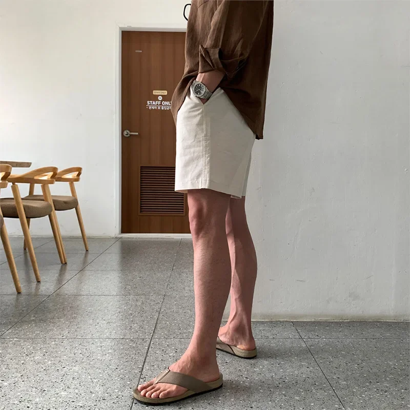 Japanese Style Summer Men Solid Color Straight Wide Leg Loose Simple Basic Linen Shorts Male Black Army Green Bottom Clothes